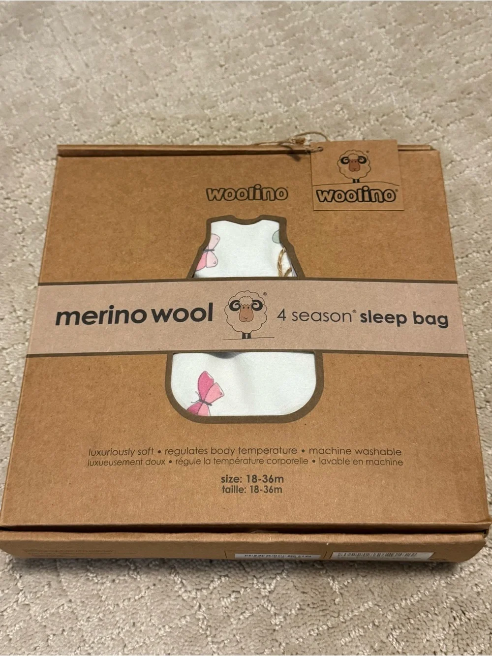 Woolino Merino Wool Baby Sleeping Bag - 4 Season Butterfly print 18-36 month
